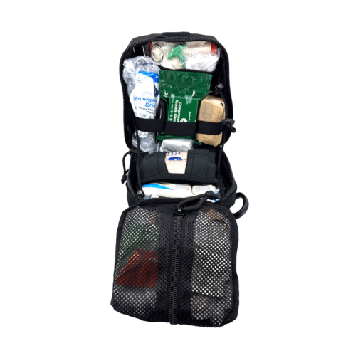 WHACK Classic Premium First Aid Kit for emergency care, in black, open to front.