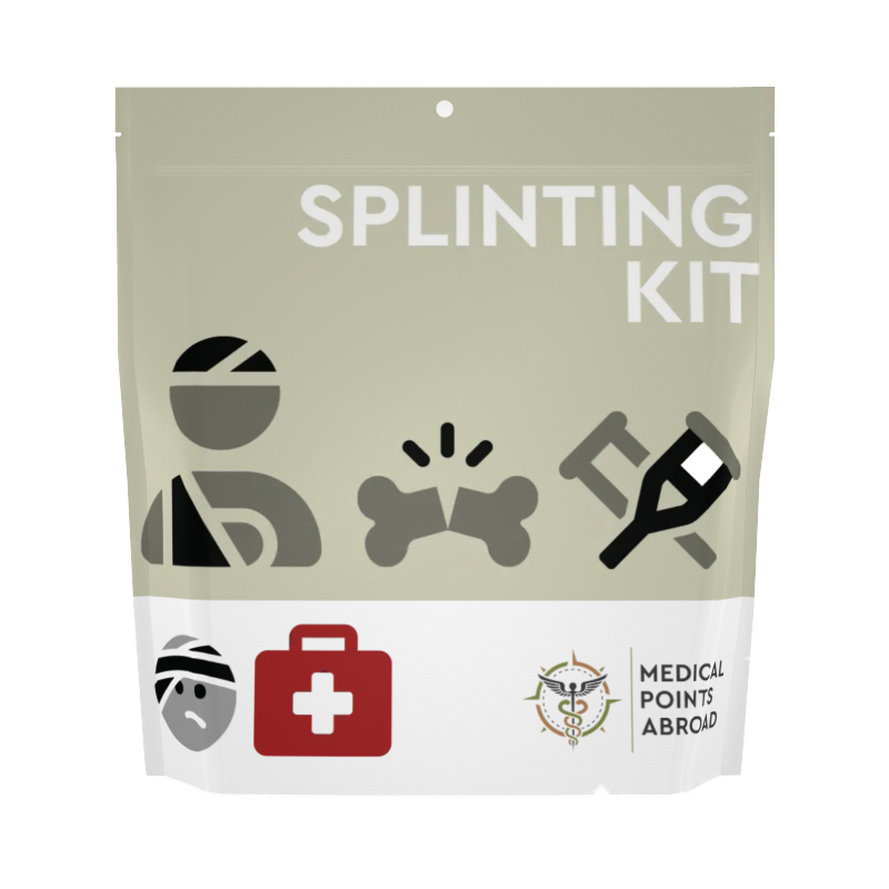 Splinting Kit for sprains and fractures on arms, wrists, elbows, legs, ankles and shoulders. Front of mylar pouch package.