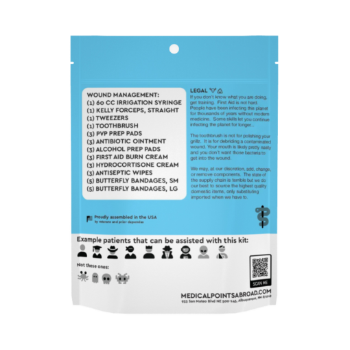 Wound Management Kit prevents infection with supplies to clean and cover wounds. Back of package shown with list of contents.