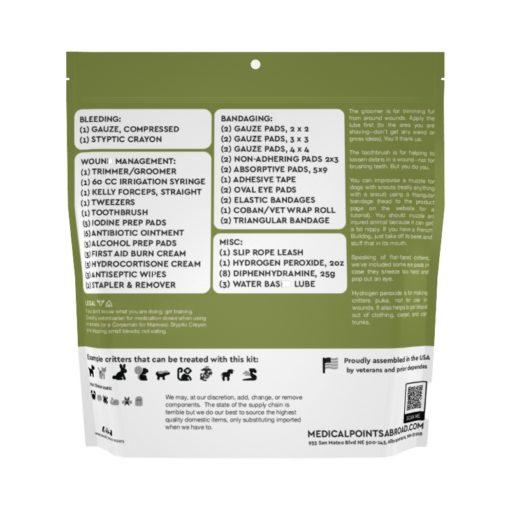 Critter First Aid Kit El Grande is the best solution to first aid for dogs, cats and small animal medical emergencies. Back of package with contents list.