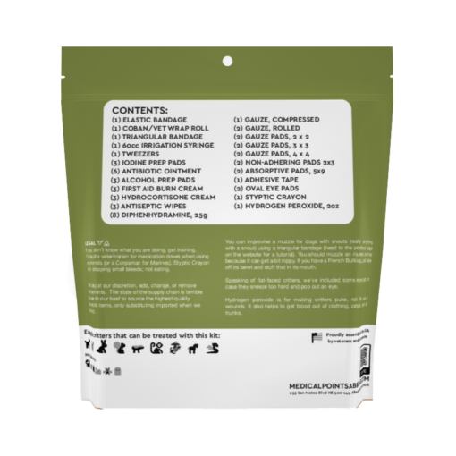 Critter First Aid Kit Not as Grande is everything you need to provide first aid for dogs, cats and small animal medical emergencies. Back of package with contents list.