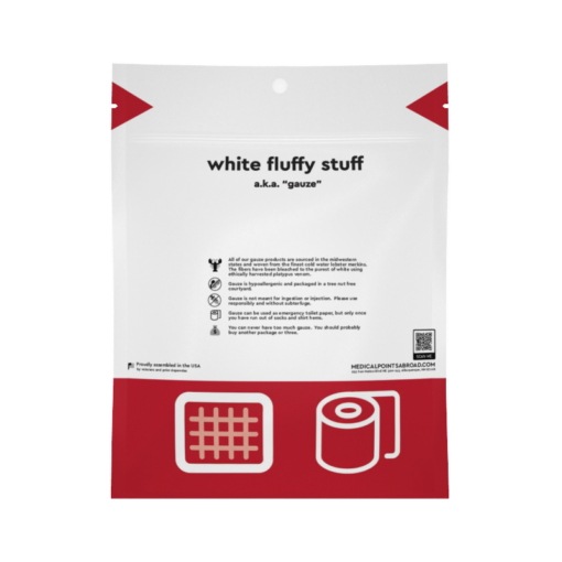 White Fluffy Stuff gauze mini kit for cuts, scrapes and burns, back of package with contents list