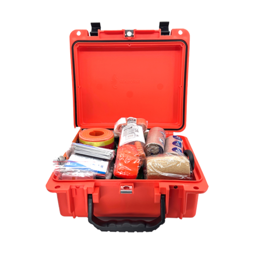 WHACK in the box Advanced First Aid Kit in orange opened toward the front to show all the components