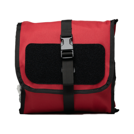 WHACK Pro first aid kit is medic preferred and shown closed in the red quad fold utility bag.