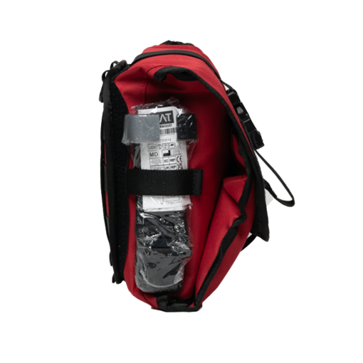 WHACK Pro first aid kit is medic preferred and shown side view closed in the red quad fold utility bag.