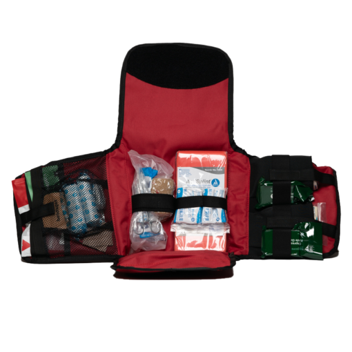 WHACK Pro first aid kit is medic preferred and shown in red, quad fold utility bag fully opened to expose the contents.