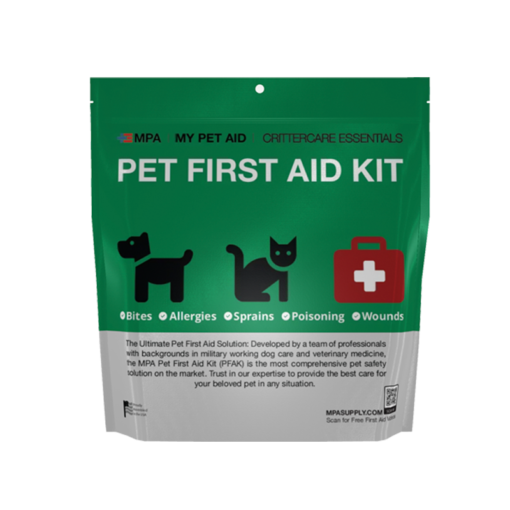 MPA CritterCare Essentials first aid kit for pets has everything you need to help your pet when a vet isn't available. Front of pouch shown.