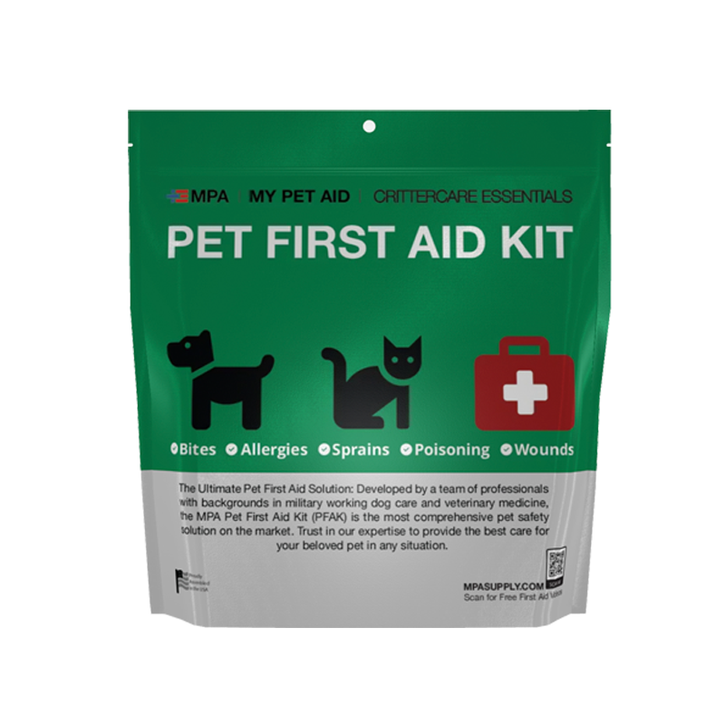 MPA CritterCare Essentials first aid kit for pets has everything you need to help your pet when a vet isn't available. Front of pouch shown.