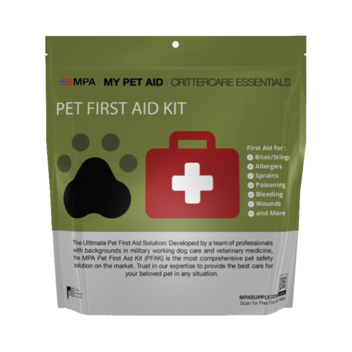 MPA CritterCare Essentials first aid kit for pets has everything you need to help your pet when a vet isn't available. Front of pouch shown.