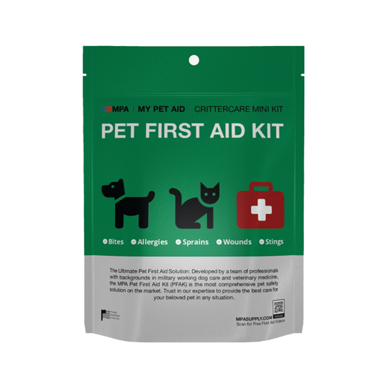 MPA CritterCare Mini Kit for pets has essential supplies for pet first aid. Front of pouch shown.