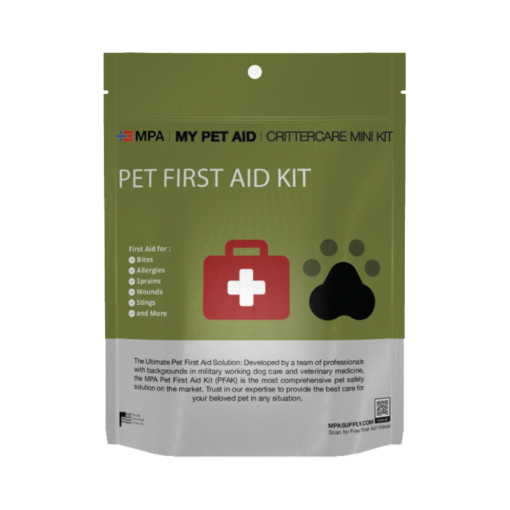 MPA CritterCare Mini Kit for pets has essential supplies for pet first aid. Front of pouch shown.