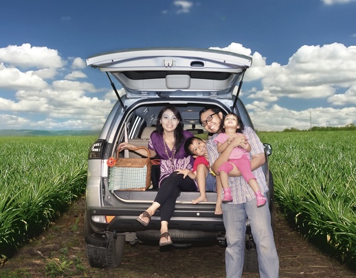 Asian family leaning on back of car in a field.