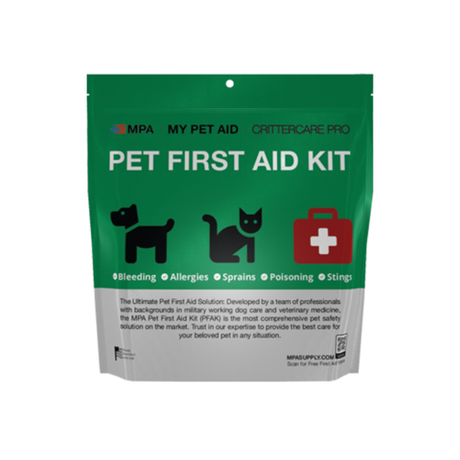 MPA CritterCare Pro first aid kit for pets has everything you need to help your pet when a vet isn't available. Front of pouch shown.