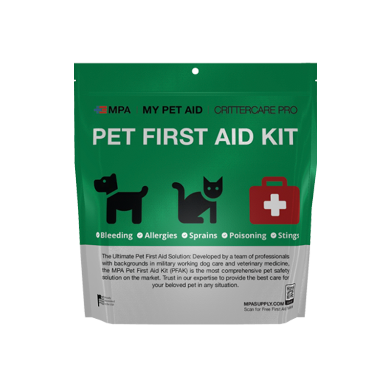 MPA CritterCare Pro first aid kit for pets has everything you need to help your pet when a vet isn't available. Front of pouch shown.