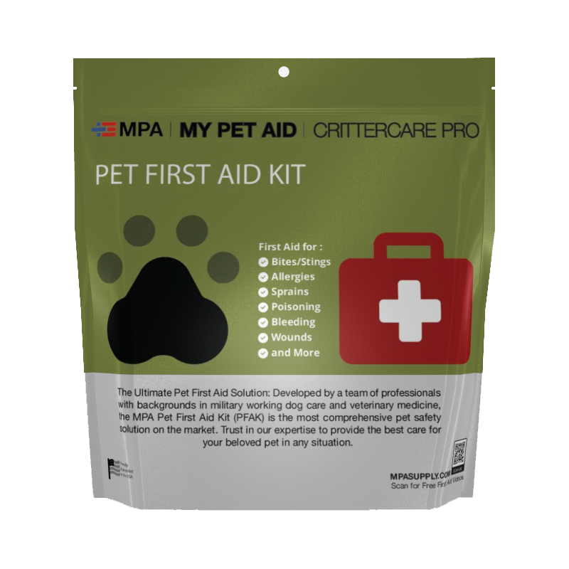 MPA CritterCare Pro first aid kit for pets has everything you need to help your pet when a vet isn't available. Front of pouch shown.