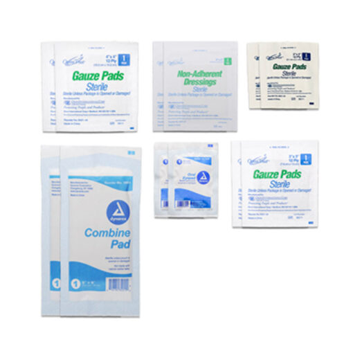 Contents of the Mini Gauze refill kit to restock first aid kits with essential wound treatment supplies.