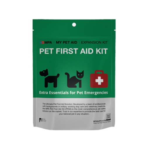 MPA CritterCare Expansion Kit for pets has essential supplies for pet first aid. Front of pouch shown.