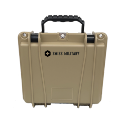 The Wilderness Health, Aid and Comfort Kit by Swiss Military in Coyote hard case. Shown closed,facing front