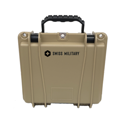 The Wilderness Health, Aid and Comfort Kit by Swiss Military in Coyote hard case. Shown closed,facing front