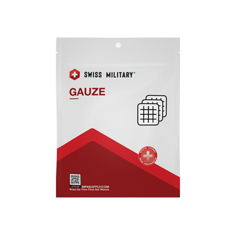 Swiss Military Gauze Mini Kit goes where you go to keep wounds covered. Front of package shown.