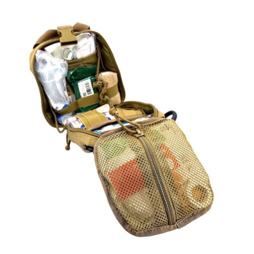 Swiss Military Wilderness Health, Aid and Comfort Kit in Coyote Color - opened, front